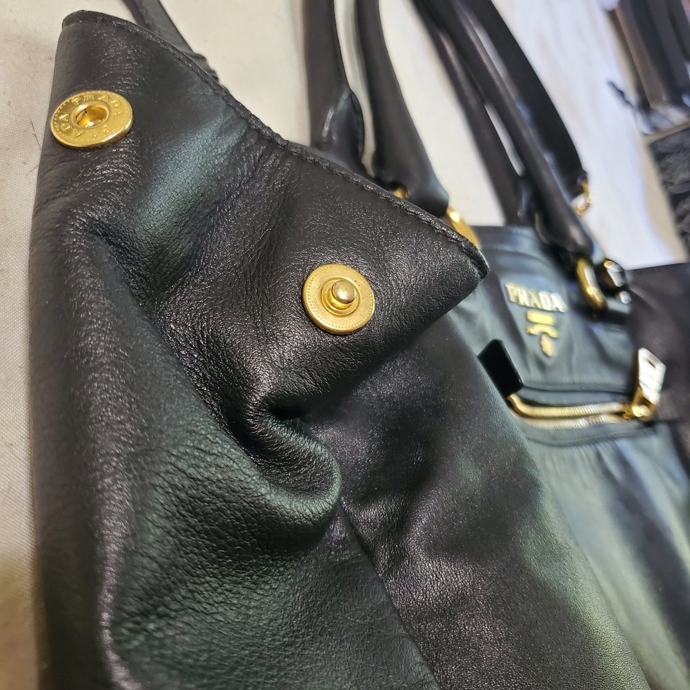 Prada black leather gold hobo tote purse bag used - Picture 10 of 13